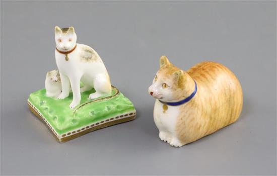 Two Chamberlain Worcester figures of cats, c.1820-40, H. 6.3cm and 4.6cm, restorations